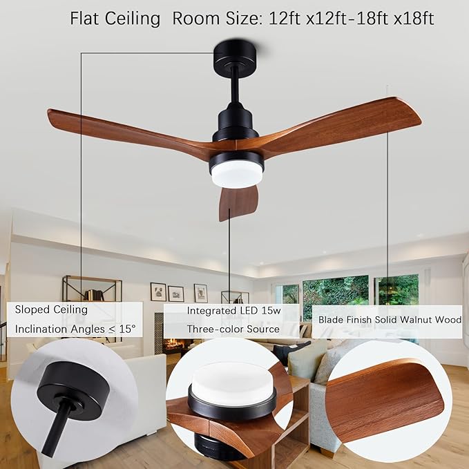 48" Wooden Ceiling Fans with Lighted Remote Control, Indoor Outdoor Wooden Ceiling Fan, Outdoor Modern Ceiling Fan with 3 Fan Blades for Patio, Living Room, Farmhouse, etc (Black + Walnut)