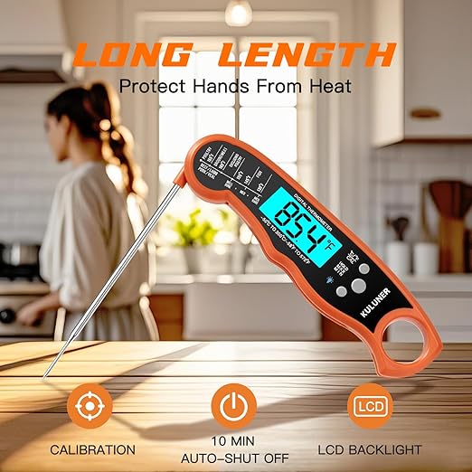 TP-01 Waterproof Digital Instant Read Meat Thermometer with 4.6 Folding Probe Backlight Calibration Function for Cooking Food Candy, BBQ Grill, Liquids,Beef(Orange)
