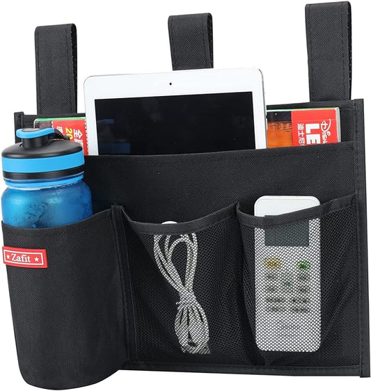 Hanging Bedside Caddy, Bedside Storage Organizer for Magazine, Phone, Remote control (4 Pockets-Black)