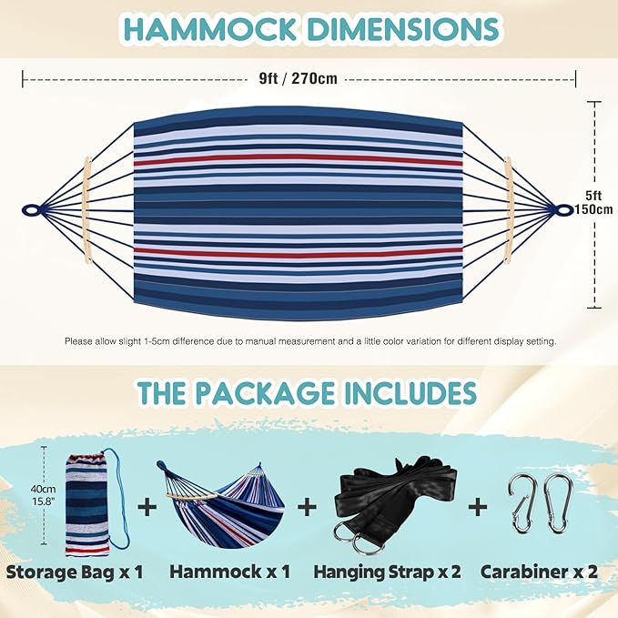 Anyoo Garden Cotton Hammock Comfortable Fabric Hammock with Spreader Bar Sturdy Hammocks Up to 450lbs Portable Lightweight Hammocks with Travel Bag for Camping Outdoor/Indoor Patio Backyard