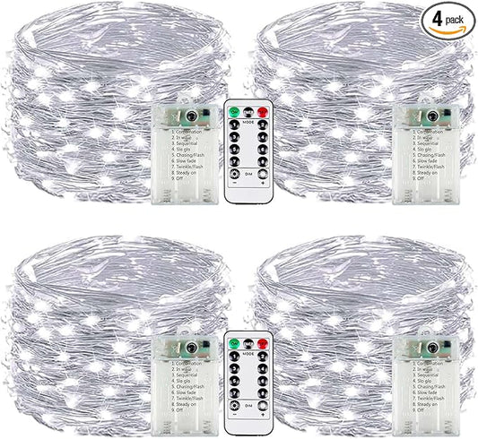 4-Pack Fairy Lights Battery Operated with Remote & Timer & 8 Modes, Waterproof 16 FT 50 LED String Lights Outdoor Indoor, Battery Twinkle Lights for Christmas Bedroom Centerpiece Décor (Cool White)