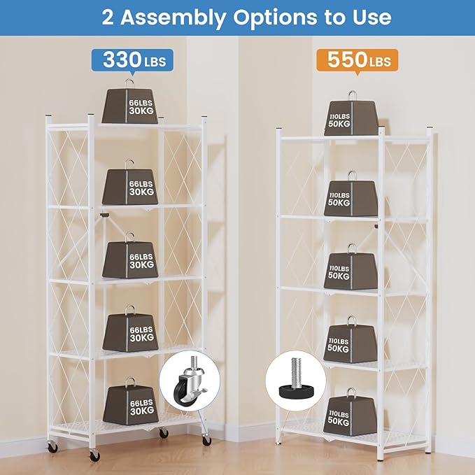 ALANNG 70.7" H Metal Storage Shelves, 5 Tier Folding Shelf on Wheels, Heavy Duty, No Assembly, Rolling, Collapsible Rack Unit for Kitchen, Basement, Pantry (White,2 Pack)