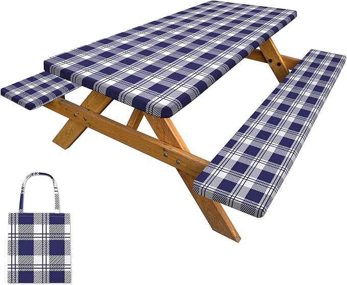 Picnic Table Cover with Bench Covers Camping Tablecloth with Storage Bag Windproof Waterproof Picnic Table Covers with Elastic for Camping