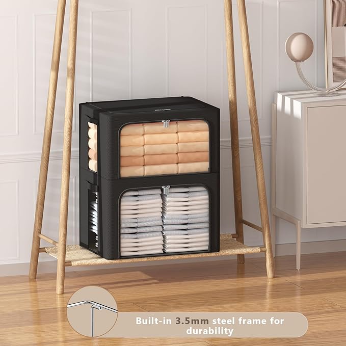 3Pack Frame Storage Box - Clothes Storage Bin Bags Oxford Fabric Foldable Stackable Container Organizer Set with Clear Window & Carry Handles (Black, X-Small-36L)