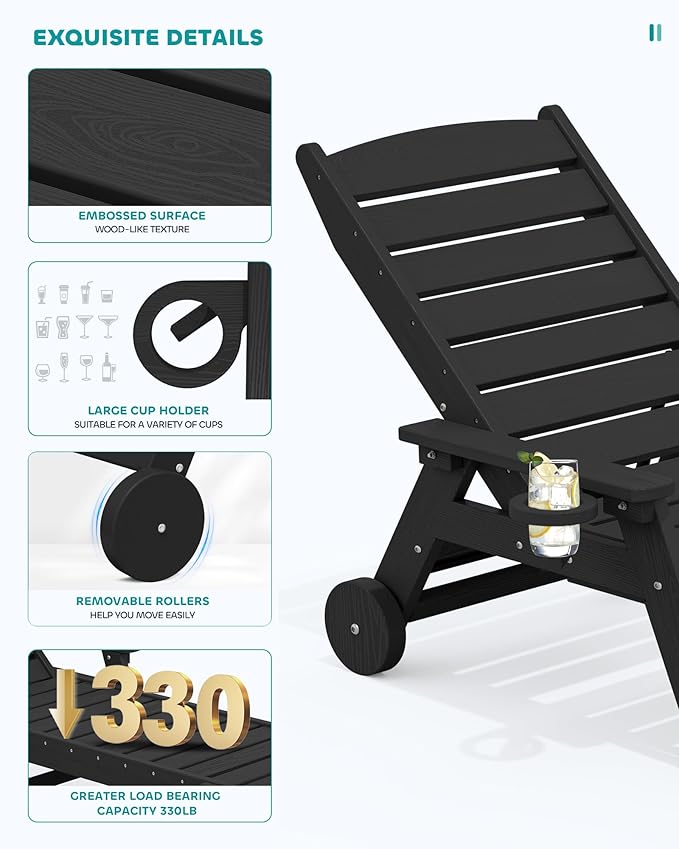 SERWALL Patio Chaise Lounge Chair Set of 2 with 9FT Patio Umbrella, 78'' HDPE Outdoor Lounger 5 Positions Adjustable, Poly Lounge Chair with Rolling Wheels & Cup Holder for Pool,Obsidian Black