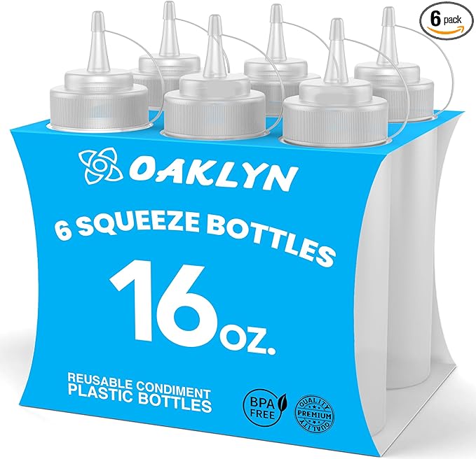 Oaklyn Reusable Squeeze Bottles 16oz 6 Pack - Leak Proof, BPA-Free Plastic Bottles for Sauces & Liquids, Easy to Clean