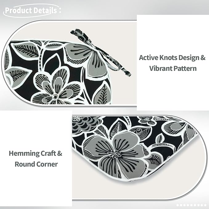 Indoor/Outdoor Chair Cushions 16x17 Inch, Patio Chair Cushions with Ties, All Weather Seat Cushions for Patio Furniture Home Garden Chair Use, Set of 4,Flower Black