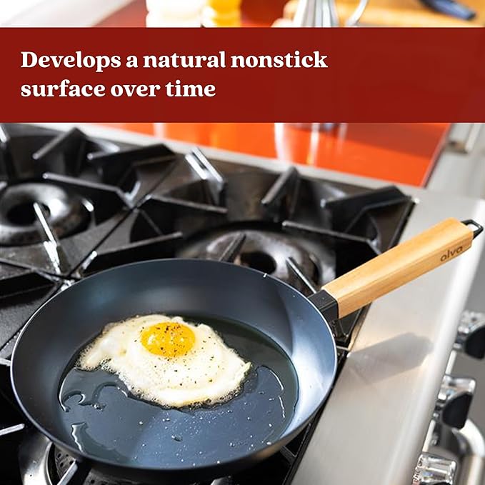 Alva Forest 4 Piece Seasoned Blue High Carbon Steel Pan Set Natural Nonstick Frying Pans Non Toxic PFAS PFOA PTFE Free Carbon Steel Frying Pans & Nonstick Wok Pan Safe for All Stovetops & BBQ