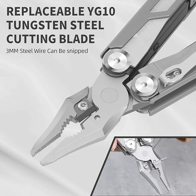 HANSHI 15 in 1 Multitool Pliers with Scissors, Upgraded Heavy Duty Stainless Steel Multi Tool with YG10 Tungsten Steel Replaceable Wire Cutters for Survival, Camping, Hiking,Repair and Gift (Silver)