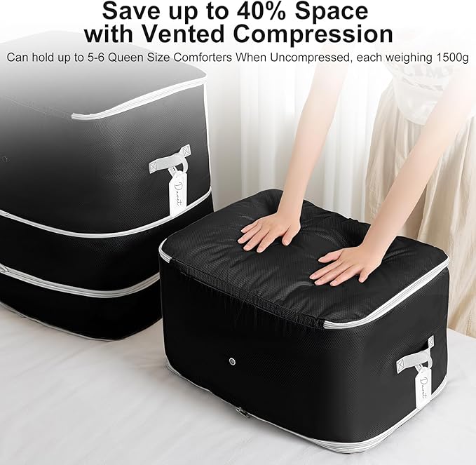 Comforter Storage Bag - 130L Large Capacity Blanket Storage Bags 3-Layer Ultra Space Saving Self Compression Organizer, Washable Compression Bags for Storage Comforter Blanket, 4-Pack, Black