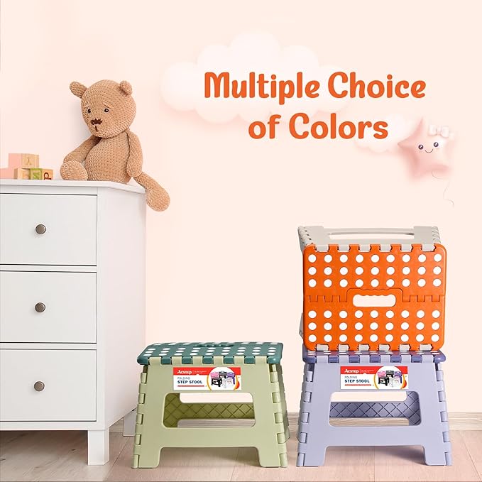 ACSTEP 9 Inch Folding Step Stool 300 LB Capacity Plastic Foldable Step Stools for Kids and Adults, Folding Stool Suitable for Kitchen, Stepping Stool with Handle Bicolor Orange Small Step Stool 1PC