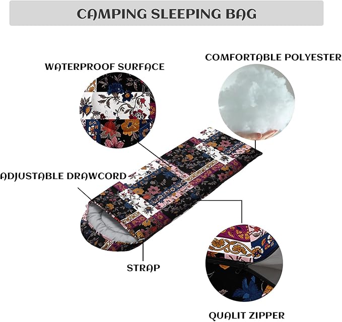 Sleeping Bags for Adults and Kids，3D Printing Camping Sleeping Bag for Girls Boys Lightweight Waterproof Cold/Warm 3-Season，Outdoor Travel with Compression Bags