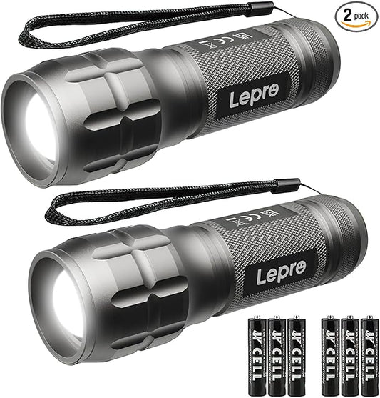 Lighting EVER LED Flashlights High Lumens, Small Flashlight, Waterproof, Adjustable Focus Flash Light for Outdoor, Emergency, Camping, AAA Batteries Included, 2 Pack