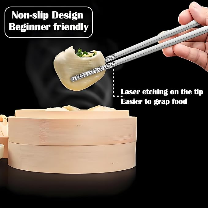 Metal Chopsticks Reusable 1 Pair Stainless Steel Travel Chopsticks Dishwasher Safe Square Lightweight Non-Slip Chop Sticks with case(Silvery)