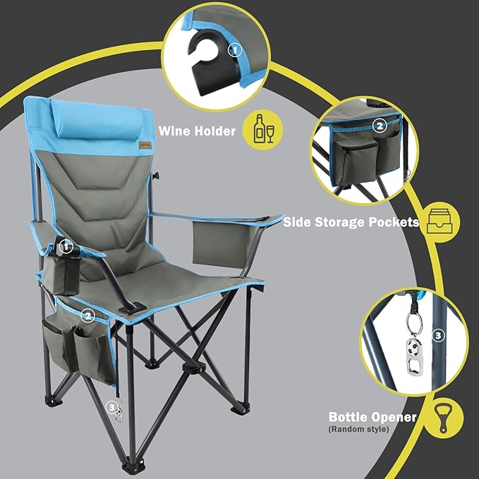 Outdoor Folding Camping Chair -Oversize Camping Chairs for Adults,Support 400lbs with Pillows & Cup Holders & Cooler Bags- Heavy Duty Collapsible Chairs for Sports Garden Beach Fishing(Bluegray)
