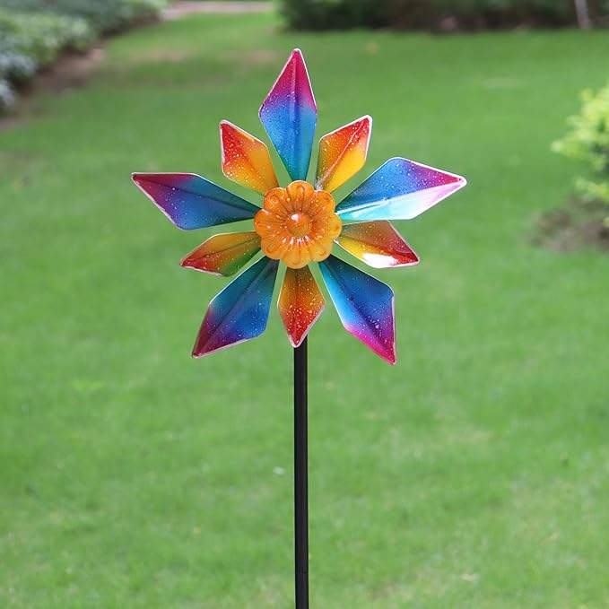 10" Small Metal Wind Spinner for Garden, 48" Tall Outdoor Flower Yard Decoration – Rainbow Gradient Petals, Weather-Resistant Garden Stake Spinner for Patio & Planter