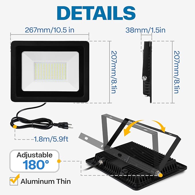 2 Pack Outdoor Flood Light, 10000LM Super Bright LED Work Light with 5.9FT Plug, IP65 Waterproof 6000K Daylight White LED Flood Light with 180°Adjustable Bracket for Garage, Yard