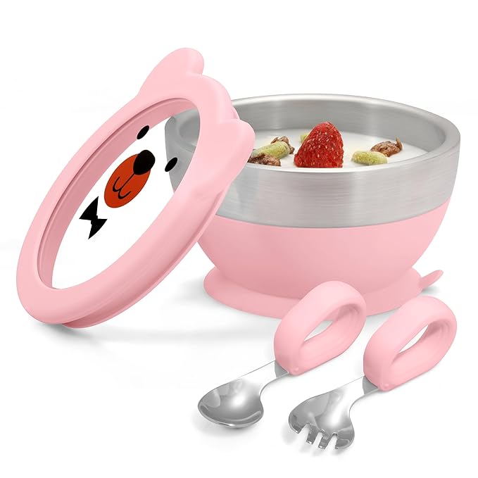 MR. CHOU Baby Suction Bowl Set with Spoon & Fork, Double-Layer 18/8 Stainless Steel Toddler Bowls with BPA Free Airtight Lid, Food Grade Infant Self-Feeding Bowl, First Stage Led Weaning Supplies Pink
