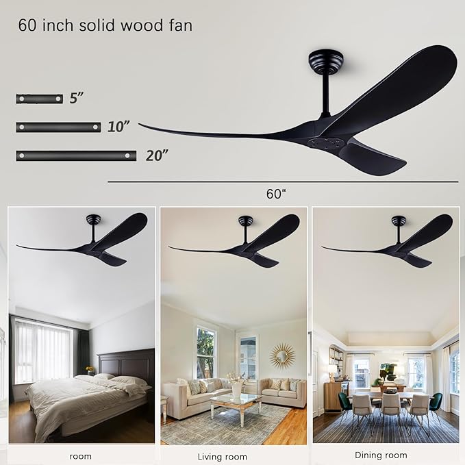 60" Solid Wood Lampless Ceiling Fan, Indoor/Outdoor, Modern, Black, 3 Wood Blades, DC Inverter Motor, Remote Control, 6 Speeds, 145 RPM, 30DB, for Living Room, Bedroom, Office, Farmhouse