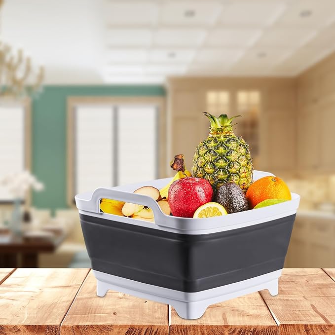 10L Collapsible Wash Basin with Drain Plug (2.6 Gal) – Foldable Portable Sink for Camping, RV, Vegetable Washing – Multi-Use Dish Pan, Ice Beverage Tub, Gray – Pair of Silicone Gloves for Free