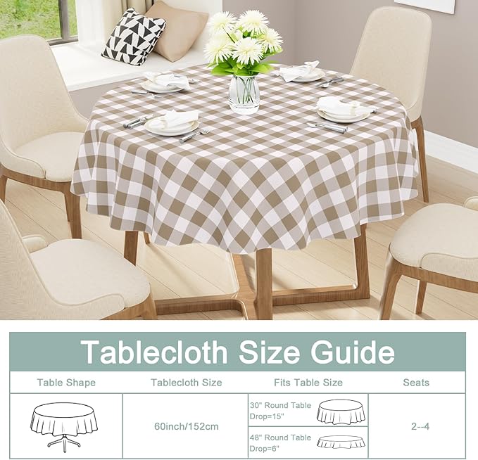 misaya Round Waterproof Vinyl Table Cloth, Buffalo Flannel Backed Tablecloth, Wipeable Plastic Table Cover for Dinner, Kitchen, Picnic (60", Khaki and White)