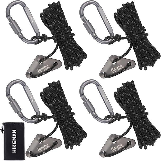 Hikeman 4 Pack Camping Rope with Locking Carabiner Clip,4mm Reflective Guy Lines with Triangular Guyline Adjuster Tensioner,Nylon Cord for Tent Tarp Tie Down,Hiking,Backpacking