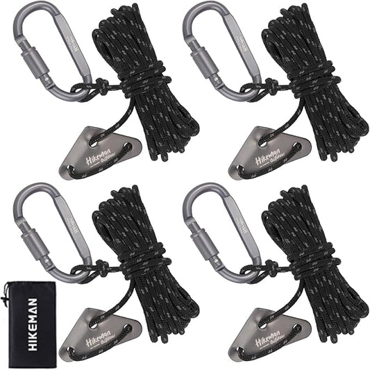 Hikeman 4 Pack Camping Rope with Locking Carabiner Clip,4mm Reflective Guy Lines with Triangular Guyline Adjuster Tensioner,Nylon Cord for Tent Tarp Tie Down,Hiking,Backpacking
