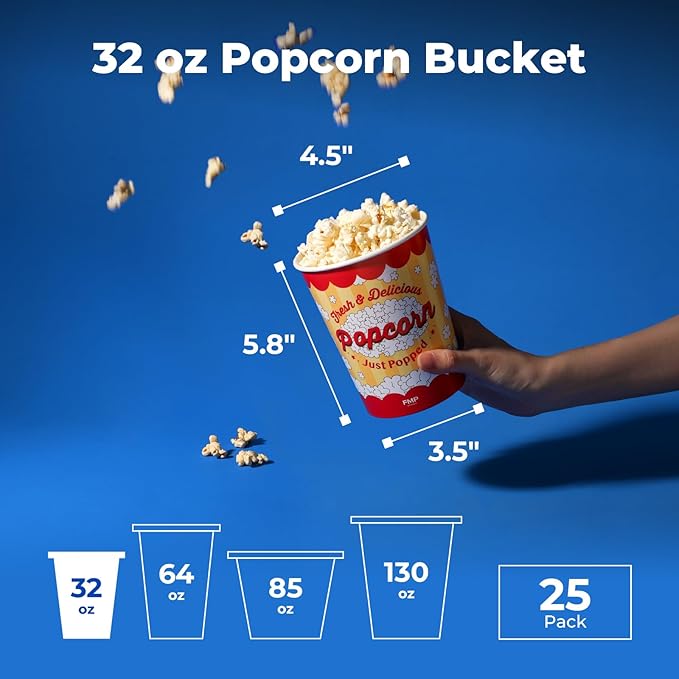 Fit Meal Prep 25 Pack Classic Paper Popcorn Buckets Disposable, 32 Oz Grease Resistant Popcorn Bowls Cups for Machine Home Theater Carnival Movie Night