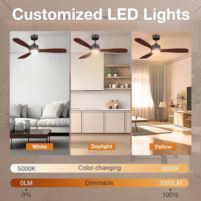52” Wood Smart Ceiling Fans with Lights Remote,Quiet DC Motor,Outdoor Indoor Ceiling Fan,Voice Control via WIFI Alexa App,Dimmable,Modern Black Lighting& Ceiling Fan for Bedroom Patio Porch
