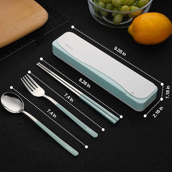 DEVICO Travel Utensils, 18/8 Stainless Steel 4pcs Cutlery Set Portable Camp Reusable Flatware Silverware, Include Fork Spoon Chopsticks with Case (Green)