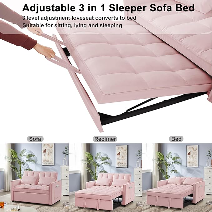 53.14" Velvet Convertible Sleeper Sofa Bed with Adjustable Backrest & Side Pocket, Pull-Out Loveseat Futon Couch for Small Spaces, Solid Wood Frame, Easy Assembly, 3-in-1 Sofa Bed for Living Room