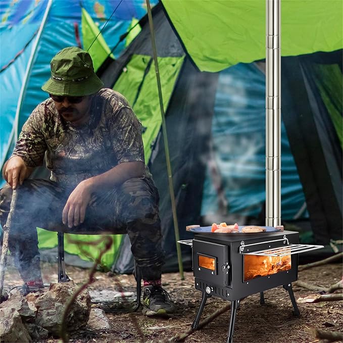 outdoor Camping Stove Portable Tent Keep Warm Stove With Chimney Pipe Camping Accessories Backpacking BBQ Hiking Picnic Outdoor Cooking Tools