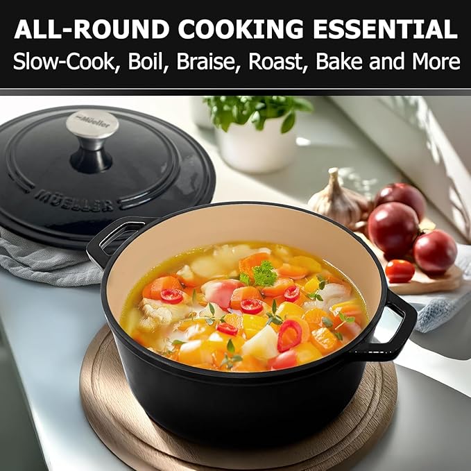 MÜELLERHOME 7.5 QT Enameled Cast Iron Dutch Oven, Heavy-Duty, Oven-Safe up to 500° F & Across All Cooktops, Casserole Dish and Braiser Pan with Lid and Stainless Knob, Black