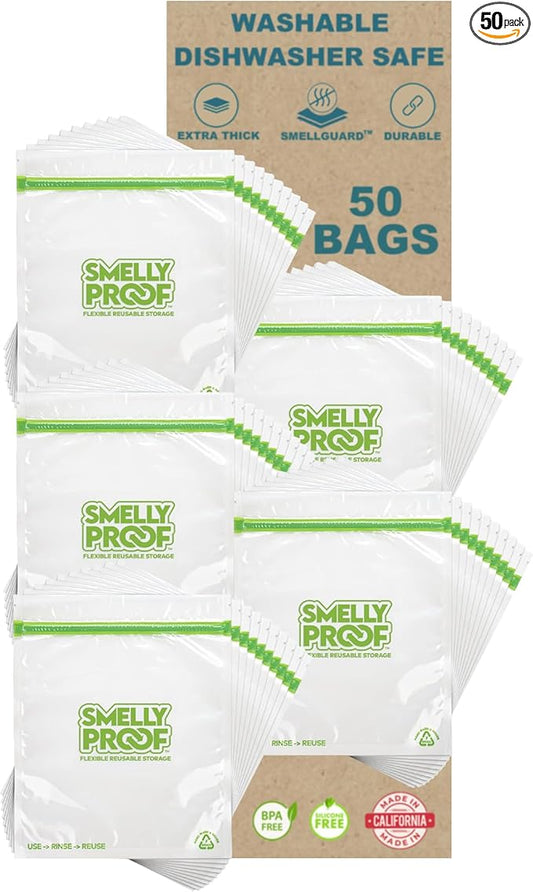 Smelly Proof 50pk Reusable Food Storage Bags - Made in USA, Dishwasher-Safe, BPA FREE, NO PEVA, Clear FLAT Large 3-mil Thick, 8.5" x 10"