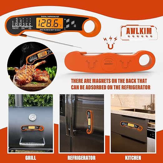 AWLKIM® Meat Thermometer Digital - Fast Instant Read Thermometer for Cooking, Grilling, Candy Making, IP67 Waterproof with Backlight,Christmas Stocking Stuffers Gifts for Men, Dad, Husband - Orange