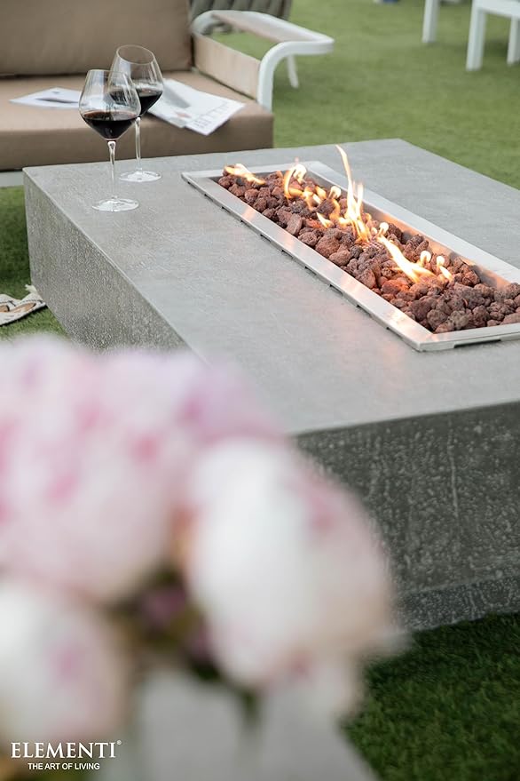 Elementi | Bundle Hampton Gas Fire Pit Cast Concrete 56" Rectangular Fire Table, Outdoor Fire Pit Electronic Ignition | Canvas Cover, Lava Rock Included | Light Gray (Propane Gas)