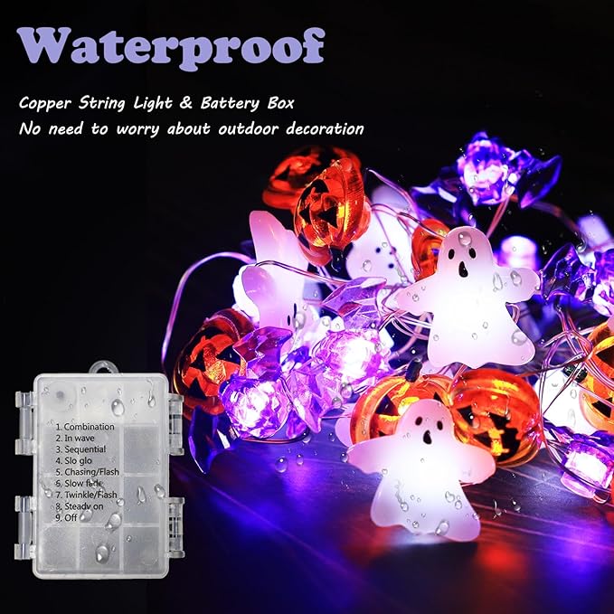 Halloween Lights White Ghost Purple Bat Orange Pumpkin, 30 LED Copper String Lights with Remote Control Battery Operated Fairy Lights for Cosplay Party, Gothic Halloween Decor (White, Purple, Orange)
