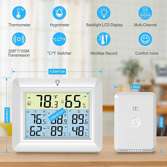 Urageuxy Indoor Outdoor Thermometer Wireless Weather Station with Temperature and Humidity Monitor Digital Hygrometer with 3 Remote Sensors, Min/Max Record,℃/℉ Switcher, Backlight, White