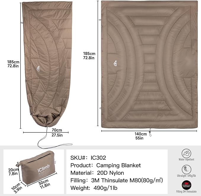 iClimb 3M Thinsulate Insulation Warm Camping Blanket Ultralight Compact