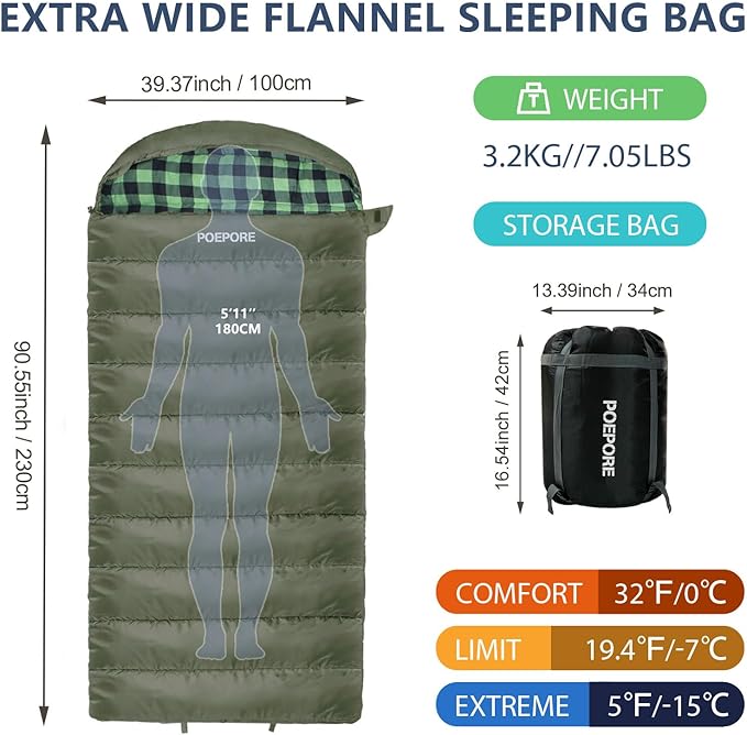 0 Degree Sleeping Bag 100% Cotton Flannel XXL Cold Weather Winter Oversized Sleeping Bag for Adults Camping Zero Degree Big and Tall with Compression Sack