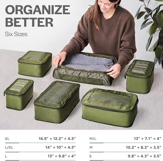 Compression Packing Cubes for Travel - Luggage Organizer Bags - Double Zipper Packing Cubes for Suitcases (6-Pack, Olive)