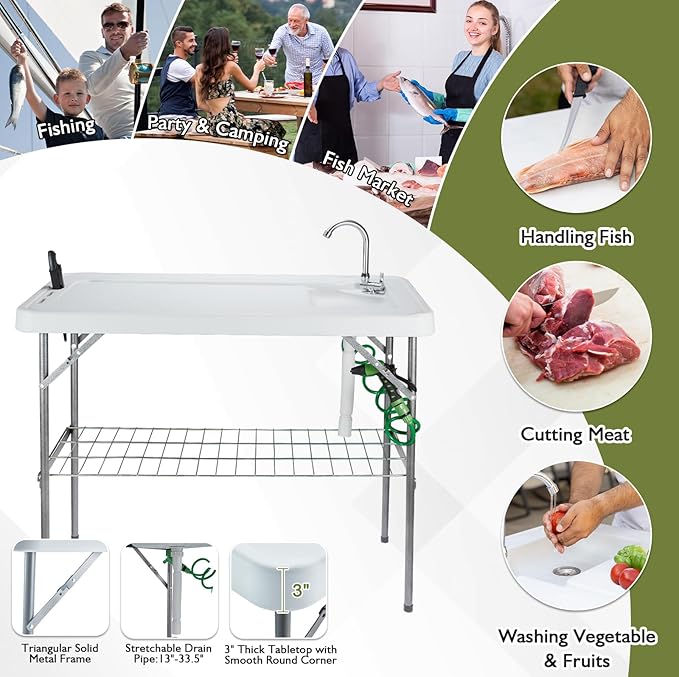 Folding Fish Cleaning Table Portable Camping Sink Table with Faucet Drainage Hose & Sprayer Outdoor Fish Fillet Cleaning Station with Grid Rack & Knife Groove for Picnic Fishing, Grey