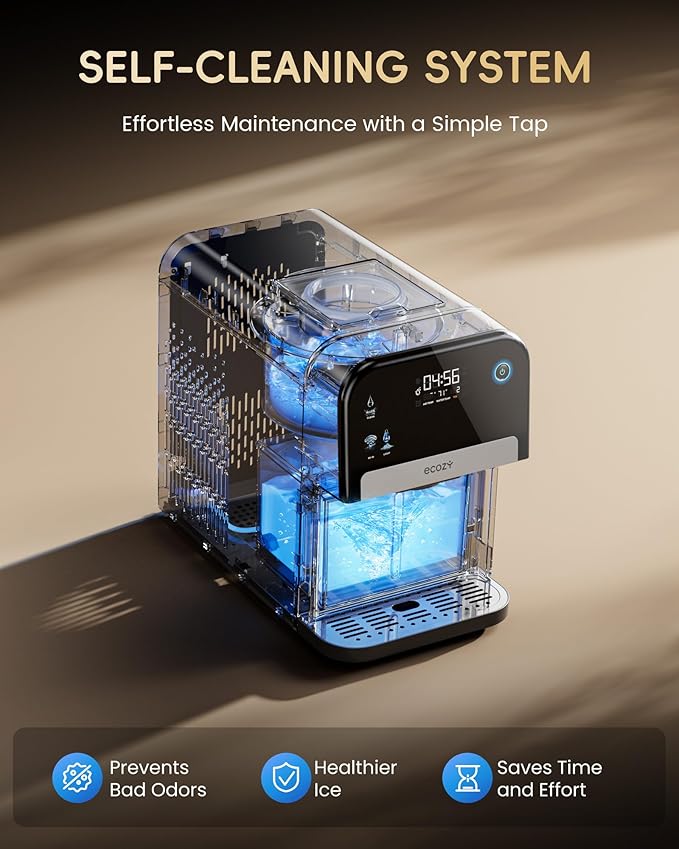 ecozy Nugget Ice Maker Dispenser, Smart 2-in-1 Pebble Ice Machine Countertop & Water Dispenser with App Control, Self-Cleaning, Auto Lighting, TDS Monitor, Measured Dispensing, 33Lbs/Day