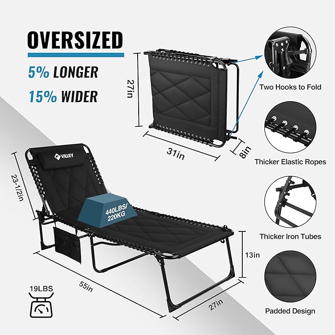 VILLEY Oversized Padded Chaise Lounge with Cushion, Foldable Camping Cot, Patio Reclining Lounge Chairs, Folding Sleeping Bed for Outdoor, Indoor, Backyard, Garden, Camping, Relaxing, Beach Tanning