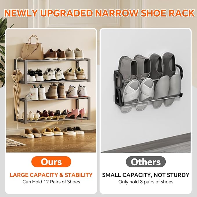 Homeiju Hanging Shoe Organizer,2 Pack Wall Mounted Shoe Rack Holds 12 Pairs,Space Saving Metal Wall Shoe Rack,Hanging Shoe Rack Shoe Holder for Small Space,Entryway,Closet,RV,Camper (Grey)