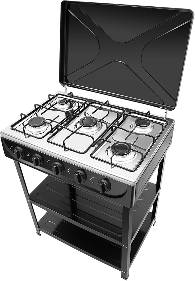 5-Burner Natural Gas Stove, Outdoor Camping Grill Stove, Portable Floor Standing Cooktop Cooker with Storage Stand and Wind Blocking Cover, Manual Ignition for Outdoor RV (Black)