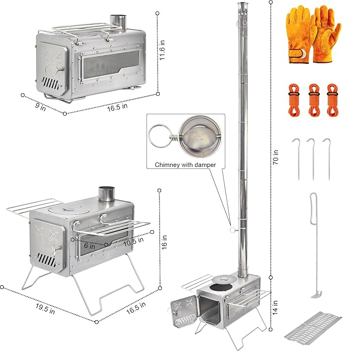Outdoor Wood Burning Stove, Portable Camp Stove Tent Stove with Chimney Pipe for Cooking, Camping, Tent, Hiking, Fishing, Backpacking