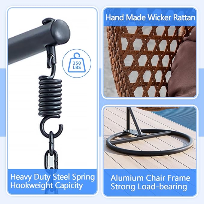 JUFU Egg Swing Chair with Stand,Hanging Egg Chair Indoor Outdoor,Hammock Hanging Basket Chair with Aluminum Steel Frame，Patio Egg Chair with Removable Cushions for Patio Balcony Backyard,Bedrooms