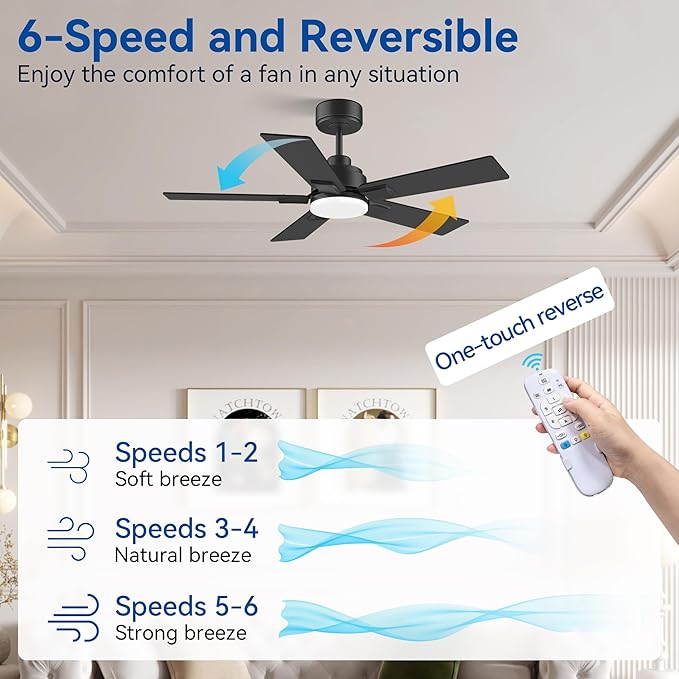 42Inch Smart Ceiling Fan with Lights Remote,APP&Voice Alexa WIFI Controled,Quiet Reversible DC Motor,Dimmable LED,Indoor Outdoor,Small Modern Ceiling Fan,for Bedroom Patio Porch,Black&Walnut