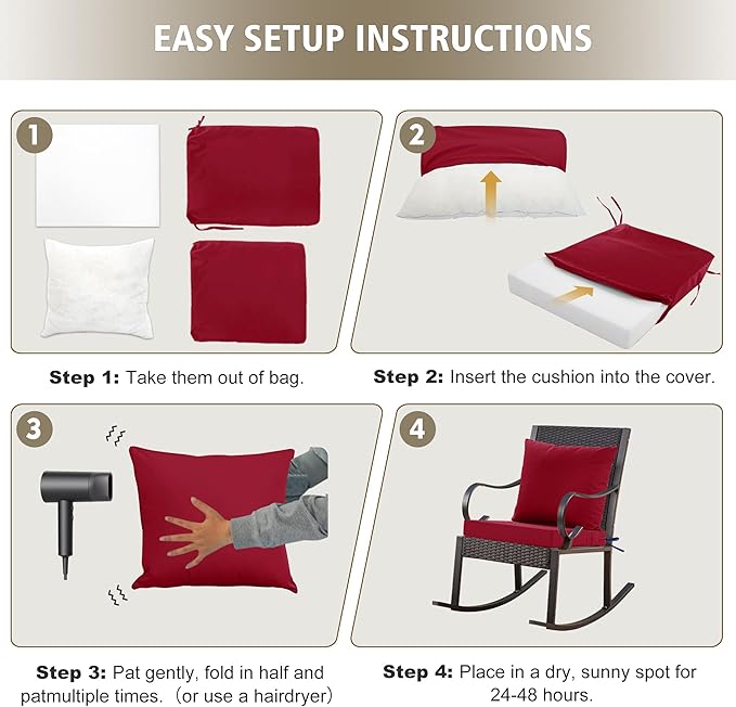 Outdoor Chair Cushions, Waterproof Outdoor Cushions for Patio Furniture w/Fade-Resistant, Removable & Machine-Washable Covers, 19x19 Inch, Ideal for Seat in Gardens/Porch – Set of 1/2/4, Burgundy